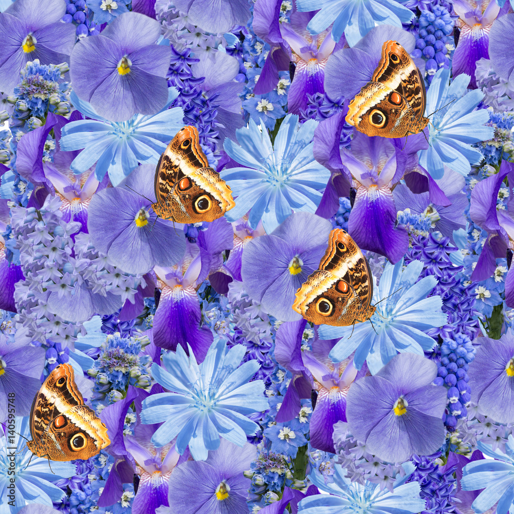 Blue seamless floral pattern seamless pattern. Beautiful photo collage.