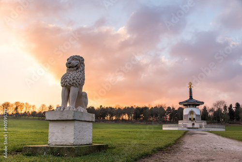 Photography Landscape view Asian Monastery with Lion Statues