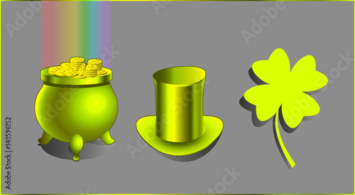 Saint Patrick's Day cultural symbols: green leprechaun's magical cauldron, filled with golden coins to the brim, with rainbow emerging from above; leprechaun's cylinder, and lucky four-leaf clover.