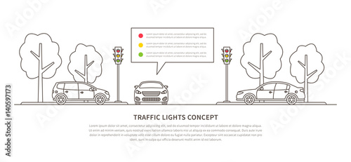 Traffic lights vector illustration. Street semaphores with cars creative line art concept. Electric stoplights (traffic lamps) graphic design.