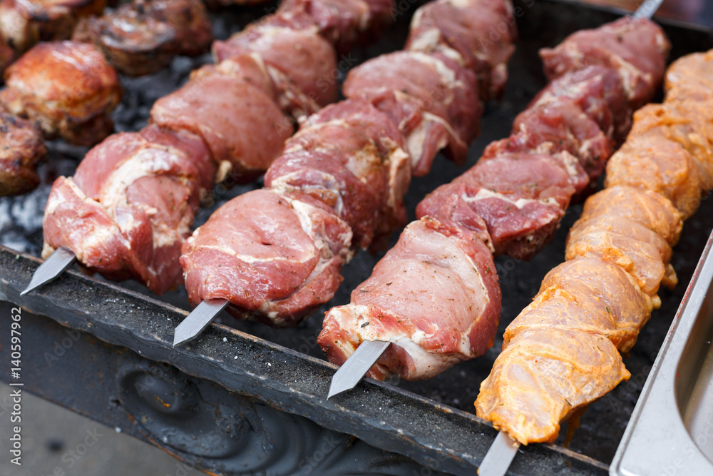Beef and chicken kebab. Fresh meat at grill, bbq