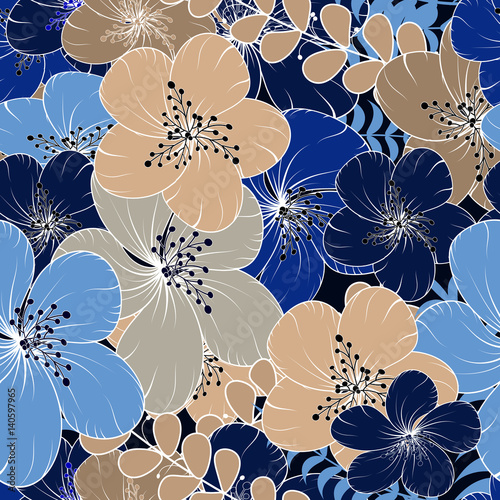 Seamless pattern. Flowers, Twigs and leaves. Texture for design.
