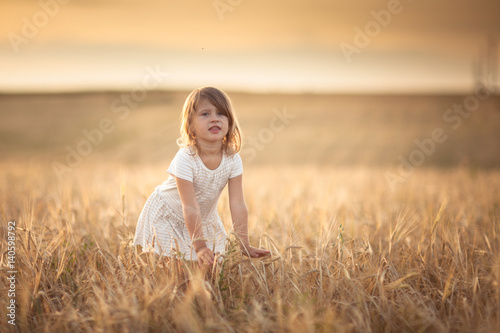 Girl walks in field with rye at sunset, lifestyle