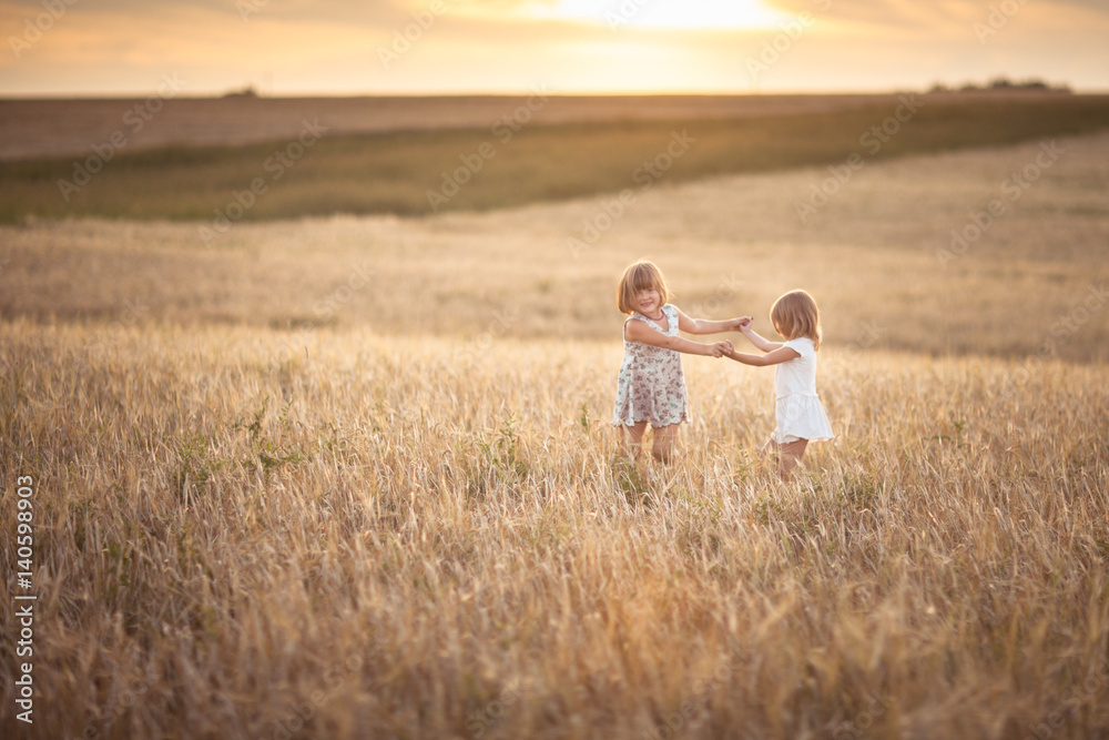 Sisters girls walk in the field with rye sunset - obrazy, fototapety, plakaty 