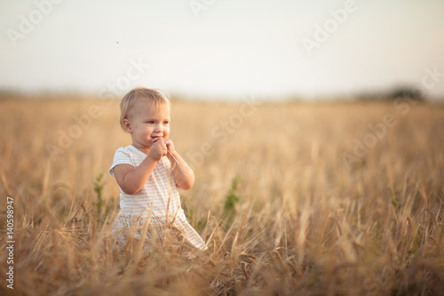 Kid toddler on wheat field at sunset, lifestyle