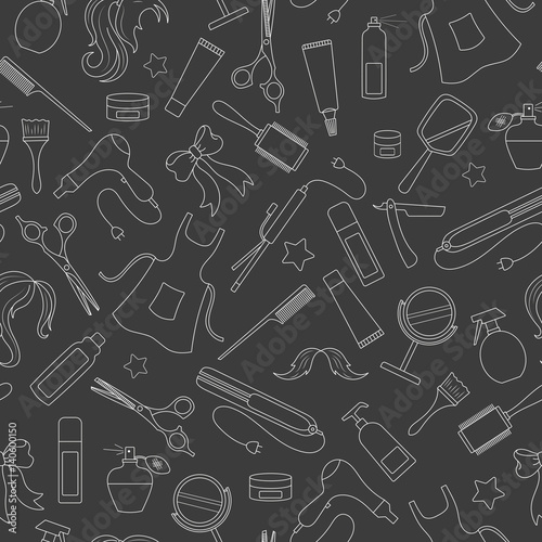 Seamless pattern on the theme of the Barber shop, the tools and accessories of the hairdresser, a simple contour icons, white contour on dark background