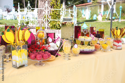 Delicious sweeties and beverages, staying on dessert table © stakhov