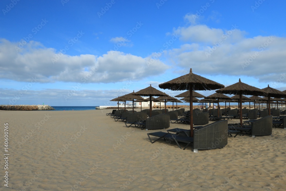 umbrella et deckchairs on the  beach Santa Maria, Sal Island , CAPE VERDE







