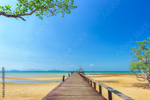 Wooded bridge on the sea with bright sunny day