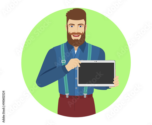 Hipster showing blank digital tablet PC