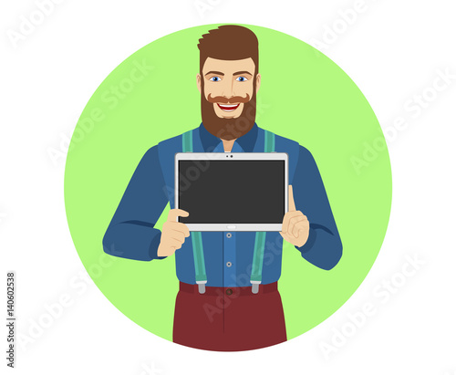 Hipster showing blank digital tablet PC