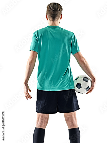 one caucasian soccer player man standing Rear View holding football isolated on white background