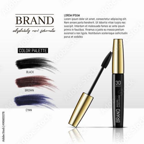 Luxury mascara ads, black and gold package with eyelash applicator brush with mascaras stroke palette isolated on white background. Vector 3d realistic illustratrion.