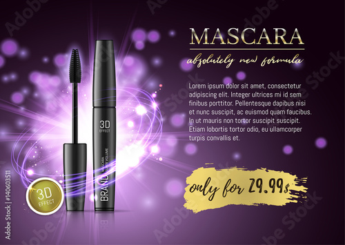 Luxury mascara ads, black and purple package with eyelash applicator brush with mascaras stroke on VIP shine glitter background. Vector 3d realistic illustratrion.