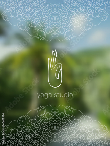 Tropical yoga studio banner. Sacred geometry mandala on realistic tropic background. Sunny jungle. Good for yoga studio, tantra or meditation resort, flyer, invitation. Vector EPS10 illustration.