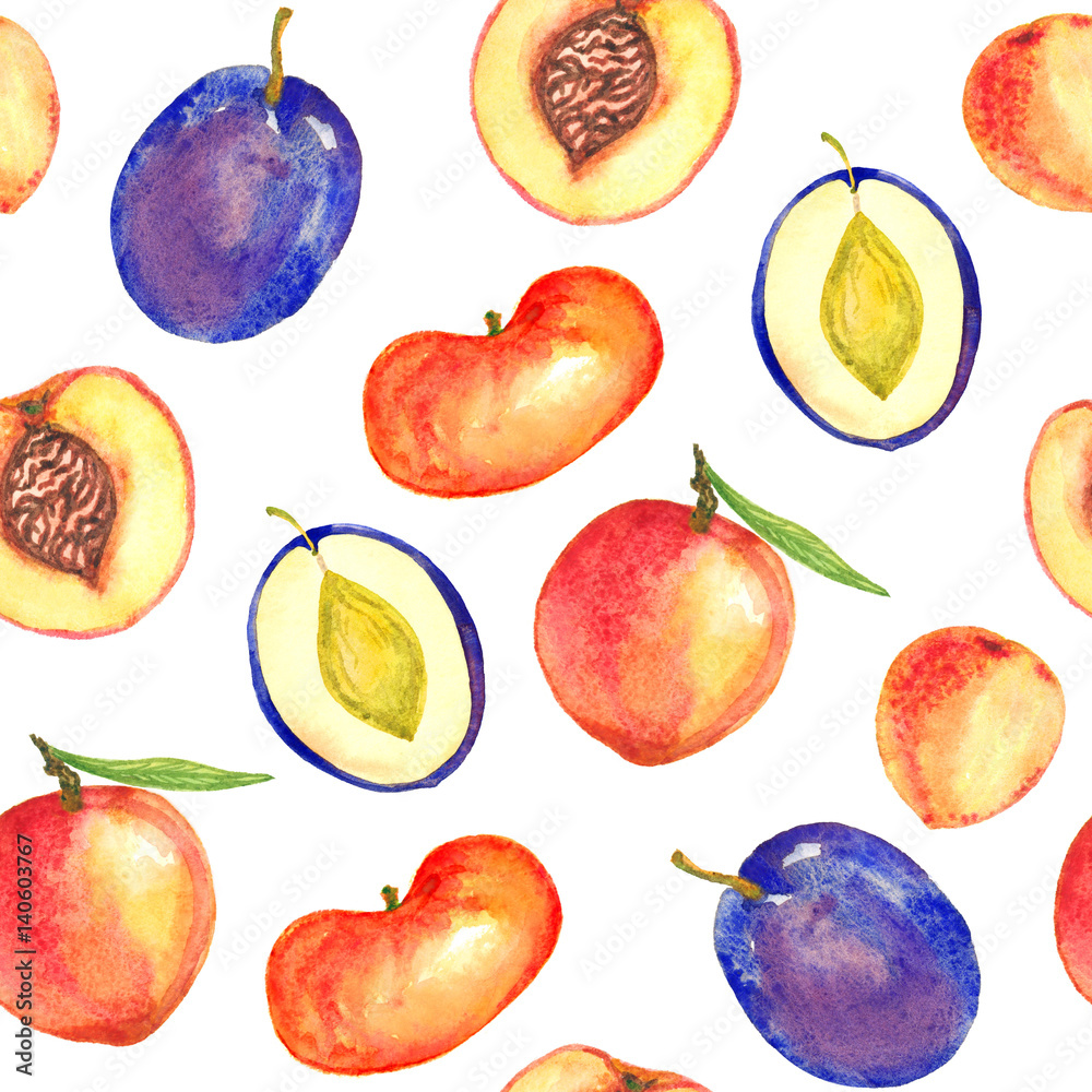 Peaches and plums variety with leaves and cut slices with pit, seamless pattern design hand painted watercolor illustration Peaches and plums variety with leaves and cut slices with pit, seamless pattern design hand painted watercolor illustration