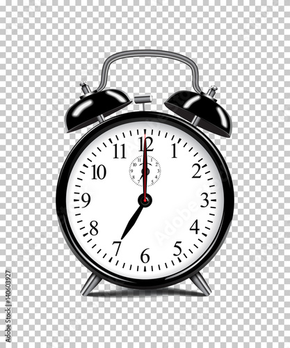 Vector realistic black alarm clock isolated on transparent background.