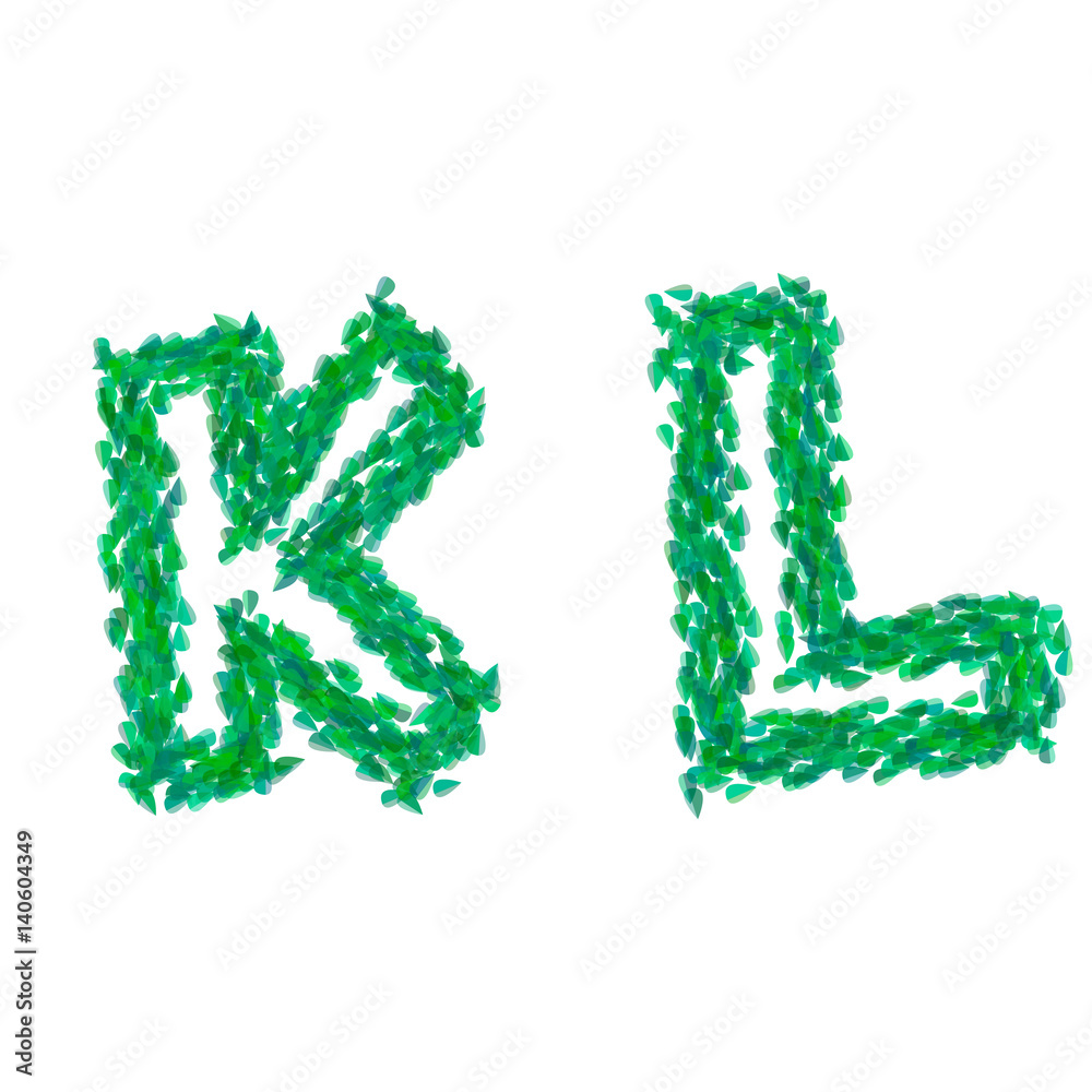 English alphabet made with green leaves, summer theme, letters K L English alphabet made with green leaves, summer theme, letters K L