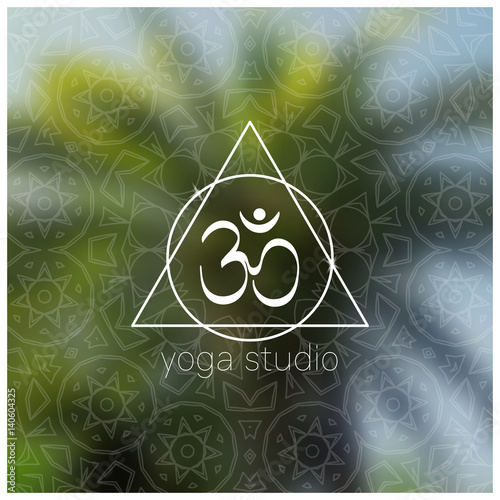 Tropical yoga banner with om symbol. Sacred geometry mandala on realistic tropic background. Sunny jungle. Good for yoga studio, tantra or meditation resort, flyer, card. Vector EPS10 illustration.