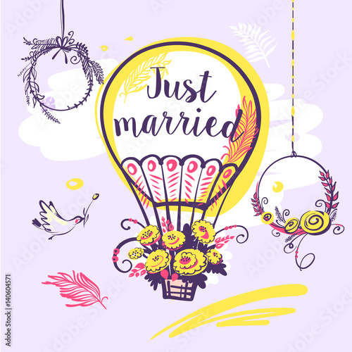Just married text and vector balloon with bird. Illustration for wedding invitation