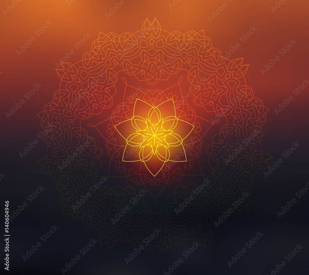 Fototapeta premium Shiny mandala on blurred background. Blur sunset colors. Sacred geometry. Indian traditional ethnic ornament. For yoga studio or meditation classes, flyer, card, invitation. Vector EPS10 illustration.