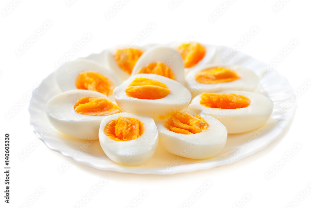 Halved Eggs isolated on white background closeup Halved Eggs isolated on white background closeup