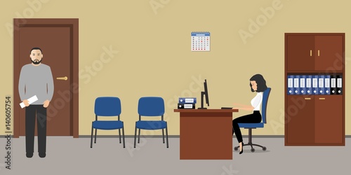 Office room in a beige color. The young woman and man are employees at work. There is furniture in a brown color and blue chairs in the picture. Vector flat illustration