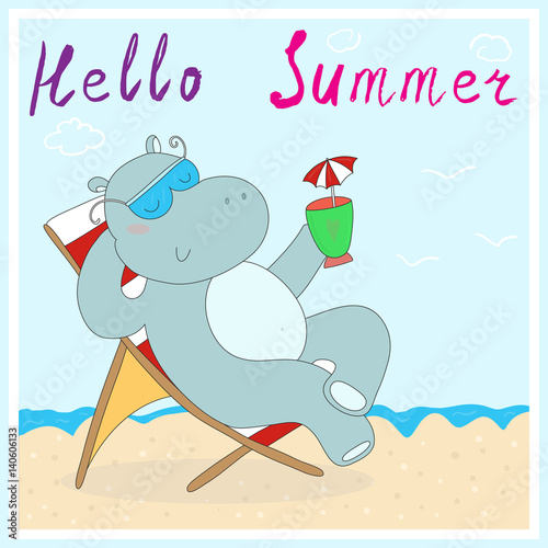 Hand Drawn cute cartoon hippo in the Seashore, vector illustration.