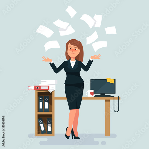 Vector illustration of stressed businesswoman throws in the air of office paper workplace on blue background. Concept of angry and exasperated employee