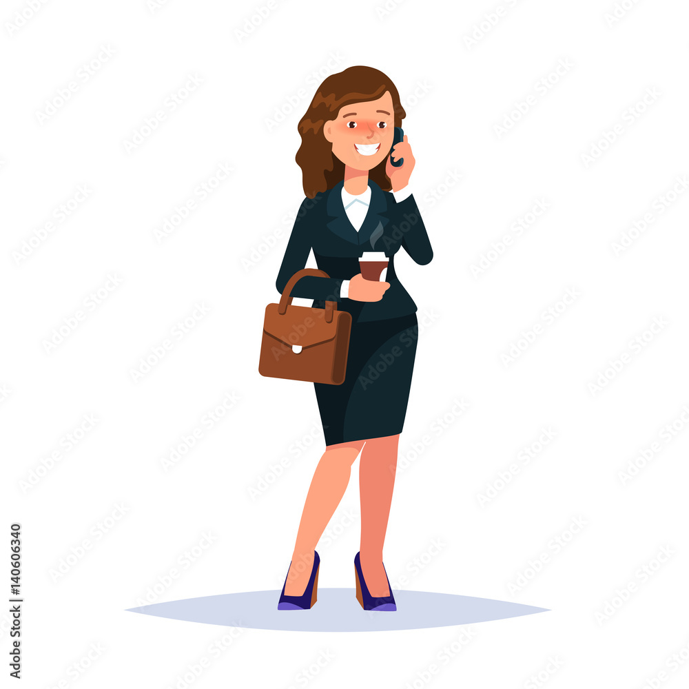 Vector illustration of happy businesswoman drinking coffee and talking on the mobile phone isolated. Business people on white background Vector illustration of happy businesswoman drinking coffee and talking on the mobile phone isolated. Business people on white background