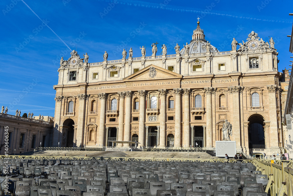 St Peter square basilica  facade and chairas