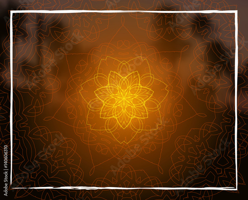 Shiny floral mandala on sunset tropic blurred background. Indian sacred geometry. For yoga studio, tantra or meditation classes and retreat. Banner, flyer, invitation. Vector EPS10 illustration.