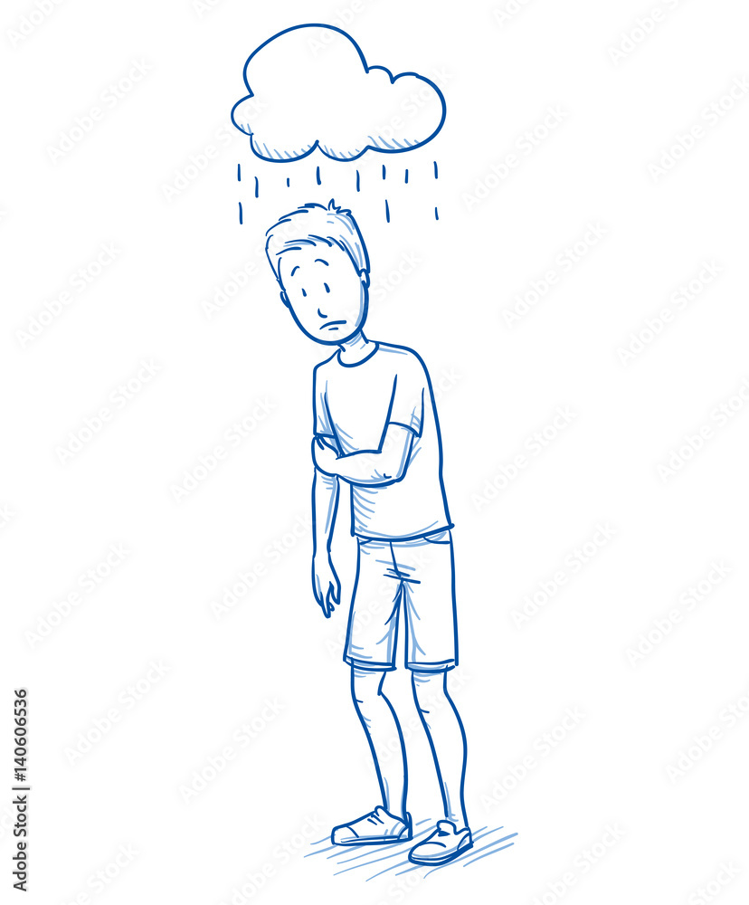 Sad young boy with a symbolic rain cloud over his head. Hand drawn cartoon  doodle vector illustration. Stock Vector | Adobe Stock