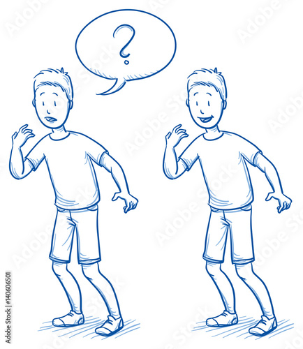 Young boy in surprised position in two emotions with speech bubble. Hand drawn cartoon doodle vector illustration.