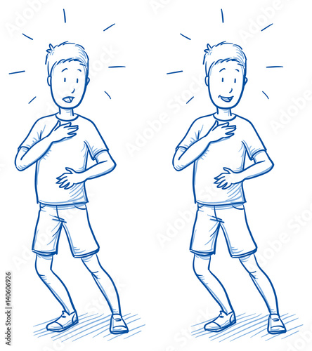 Surprised young boy in two emotions, happy, and startled. Hand drawn cartoon doodle vector illustration.