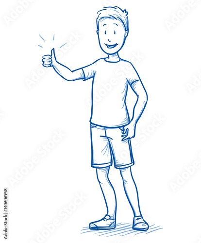 Happy young boy showing thumb up. Hand drawn cartoon doodle vector illustration.