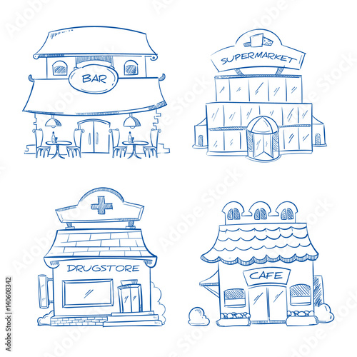 Doodle building facade of shop, bar, cafe, mall, pharmacy. Hand drawn vector illustration
