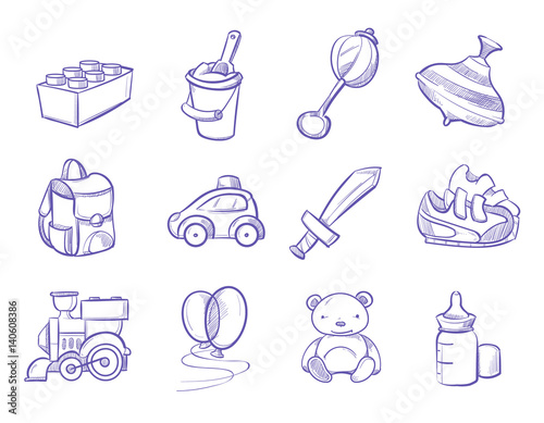Children doodle toys and dolls, vector sketch collection