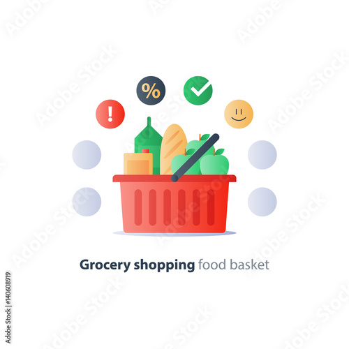 Food abundance, grocery order, food pile in basket, shop sale special offer icon