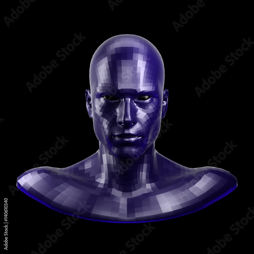 3D rendering. Faceted blue robot face with black eyes looking front on camera.
