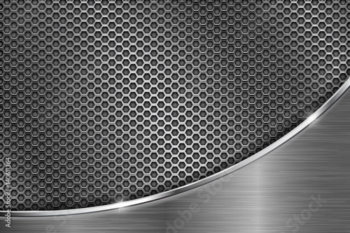 Metal perforated background with chrome curve element. Hexagon shape holes