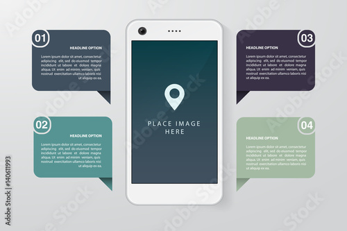Smartphone realistic illustration with flat infographics elements. Template for website, business presentation, demonstration of mobile application development. Vector eps 10.