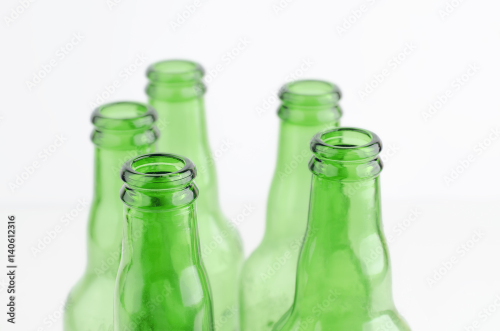 Green Empty Beer Bottles On White Background Closeup