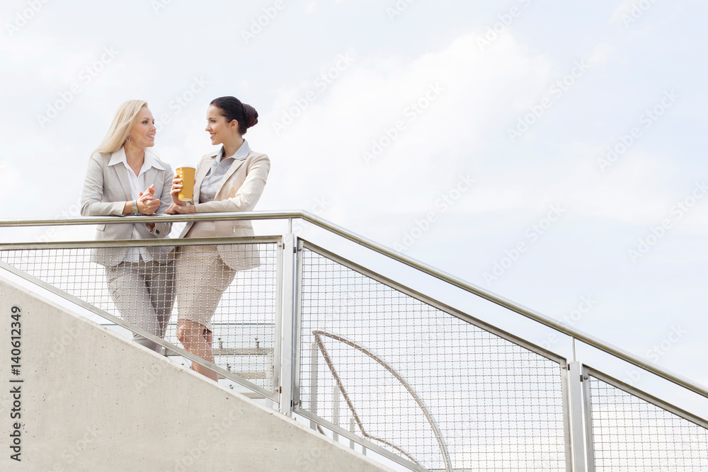 Low angle view of young businesswomen talking while standing by railing against sky Low angle view of young businesswomen talking while standing by railing against sky