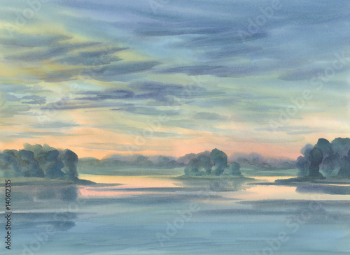 Summer morning watercolor landscape