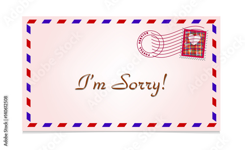 Illustration i'm sorry lettering on black of air mail envelope isolated on white background. Vector.