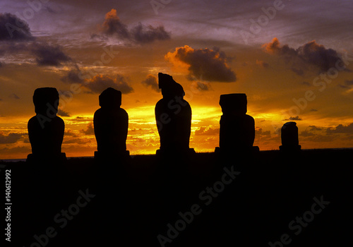 Rapa Nui (Easter Island), Chile: A spectacular sunset frames the moai (statues) at Ahu Tahai