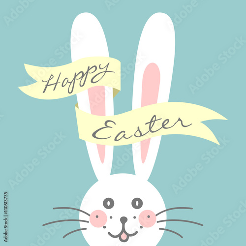 Happy Easter greeting card with cute bunny and golden glitter texture. Vector illustration