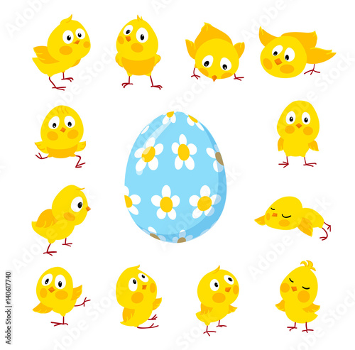 Set of funny Easter chickens and egg
