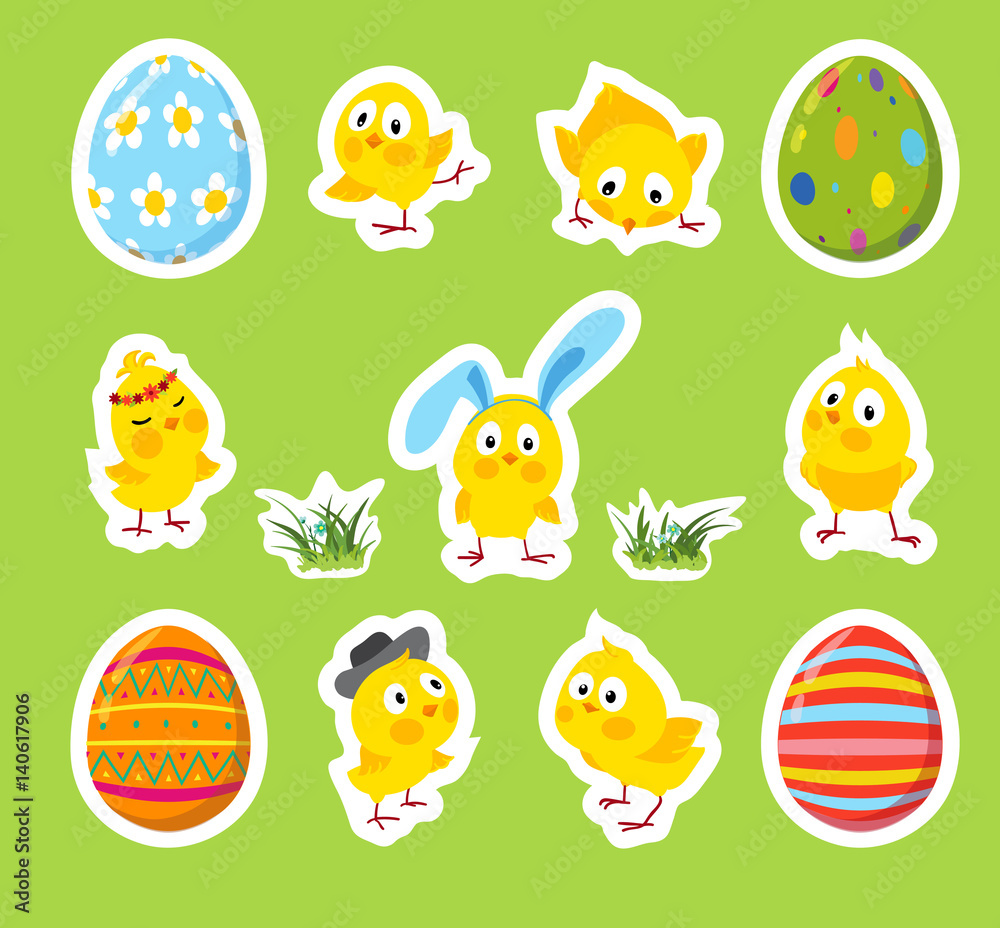 Fototapeta premium Set of Easter vector stickers with chicks, eggs